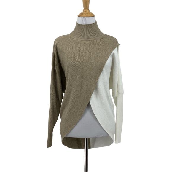 Elan Sweater Womens S Small Tan White Turtleneck Two Tone Layered Hi Low Knit - Picture 1 of 11